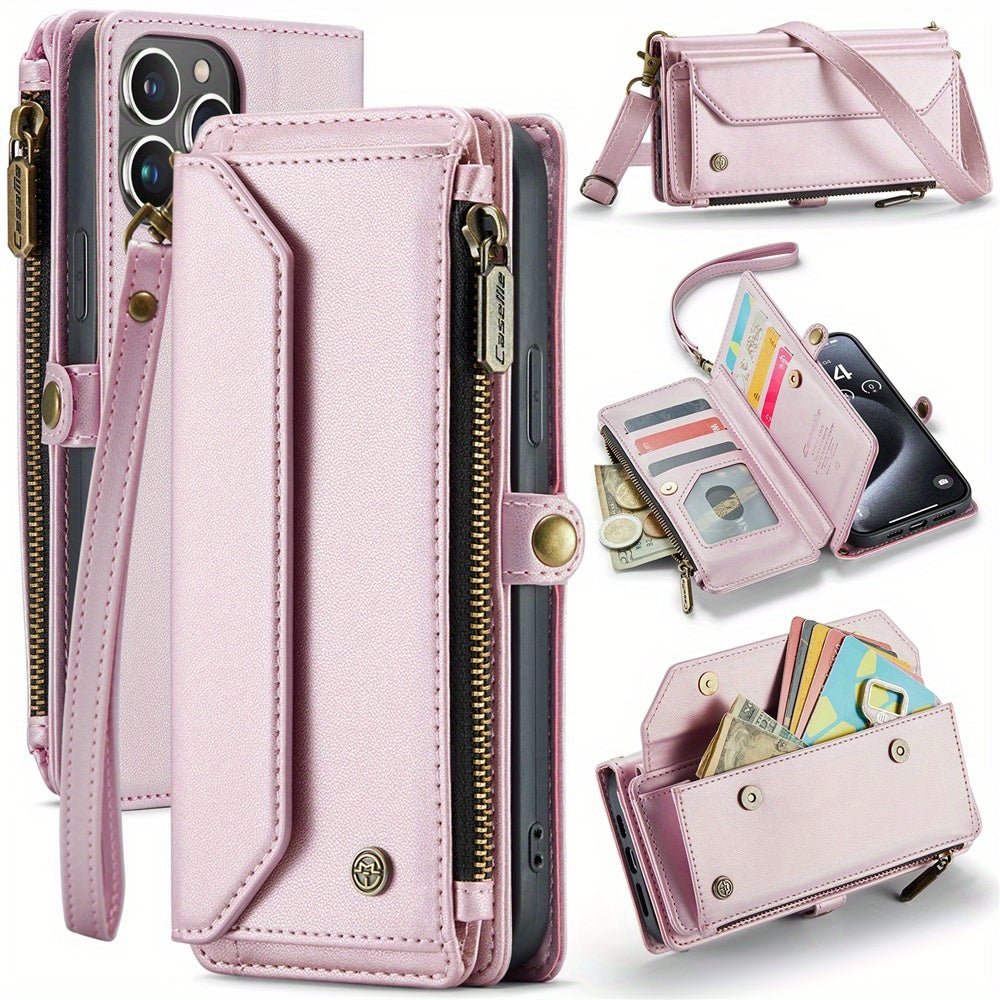 Extended Lanyard Faux Leather Phone Case for Iphone 15, 14, 13, 12, 11 Pro Max, Mini, XR, XS, 8, 7 Plus, And SE 2022 with Zipper Wallet And Card Holder