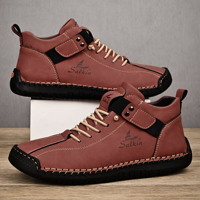 PLUS SIZE Men's Stitching Ankle Boots With Microfiber Leather Uppers, Breathable Wear-resistant Non Slip Lace-up Shoes For Men's Outdoor Activities, Spring And Autumn