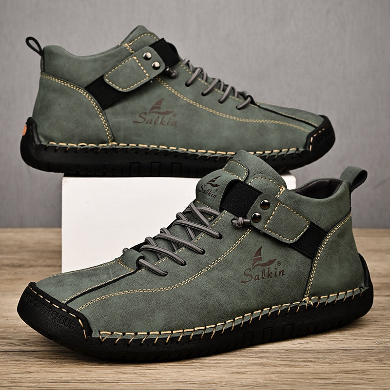 PLUS SIZE Men's Stitching Ankle Boots With Microfiber Leather Uppers, Breathable Wear-resistant Non Slip Lace-up Shoes For Men's Outdoor Activities, Spring And Autumn