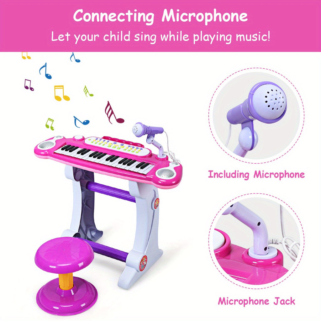 LIFEZEAL 37 Key Electronic Keyboard Kids Toy Piano MP3 Input w/ Microphone and Stool Pink