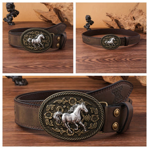 Men's Rustic Western Cowboy Belt With 3D Horse Buckle, Brown PU Leather, Punk Style