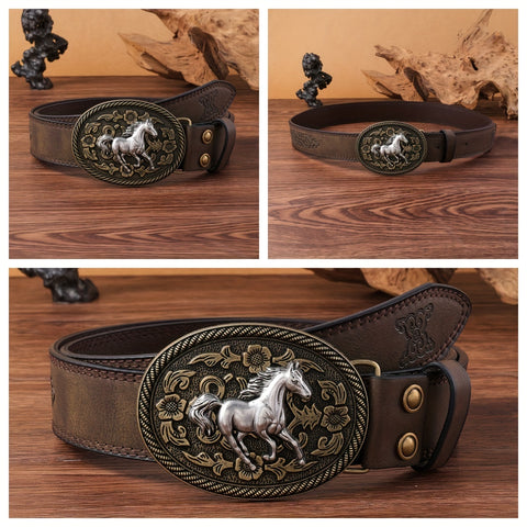 Men's Rustic Western Cowboy Belt With 3D Horse Buckle, Brown PU Leather, Punk Style