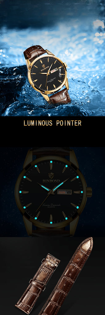 BINBOND Men's Fashion Quartz Watch, Casual Style, Round Alloy Case, Non-Waterproof, with Genuine Leather Strap, Date/Calendar Feature, Electronic Drive, Double Calendar, Waterproof, BINBOND