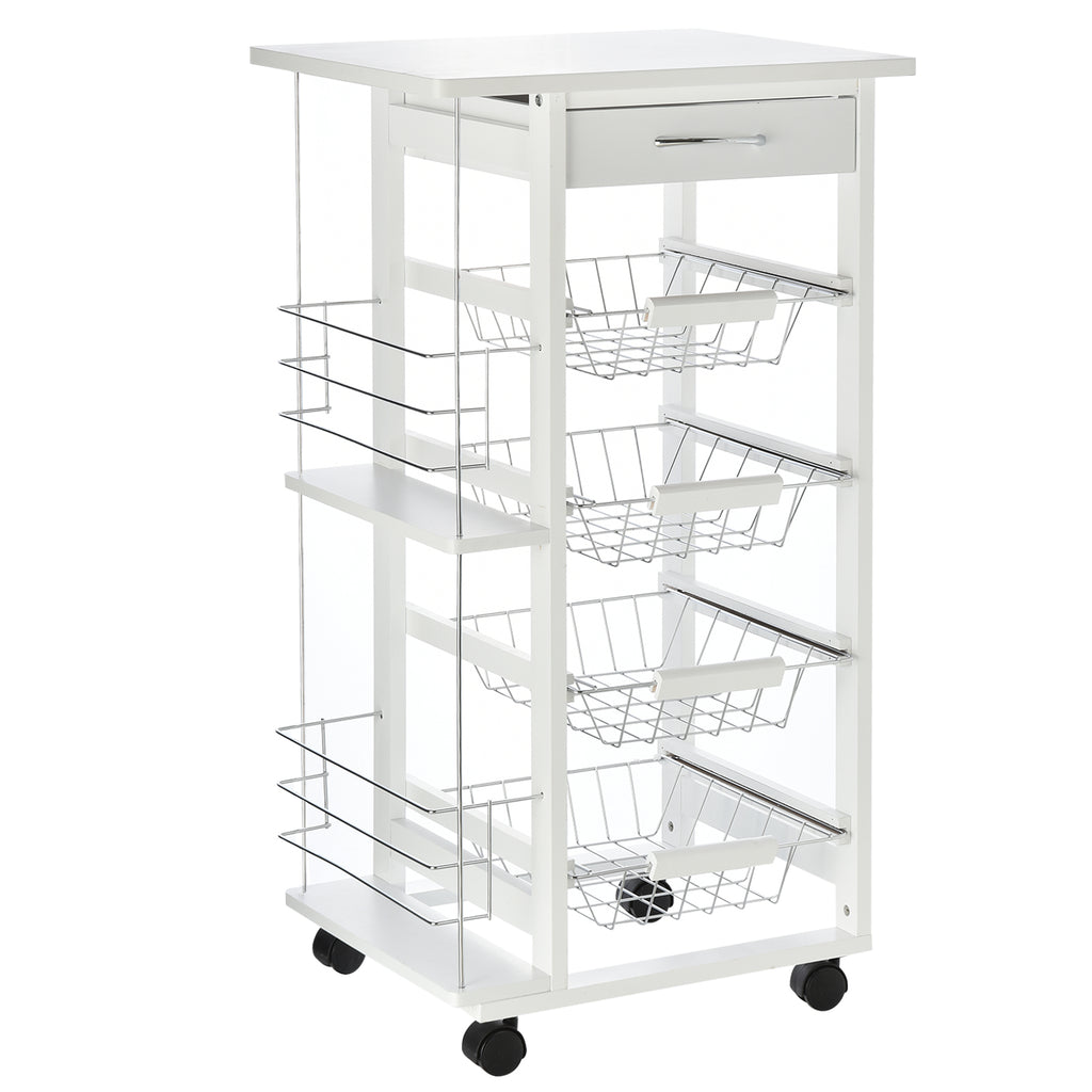 DodiOnline Rolling Kitchen Cart, Utility Storage Cart with 4 Basket Drawers & Side Racks, Wheels for Dining Room, White