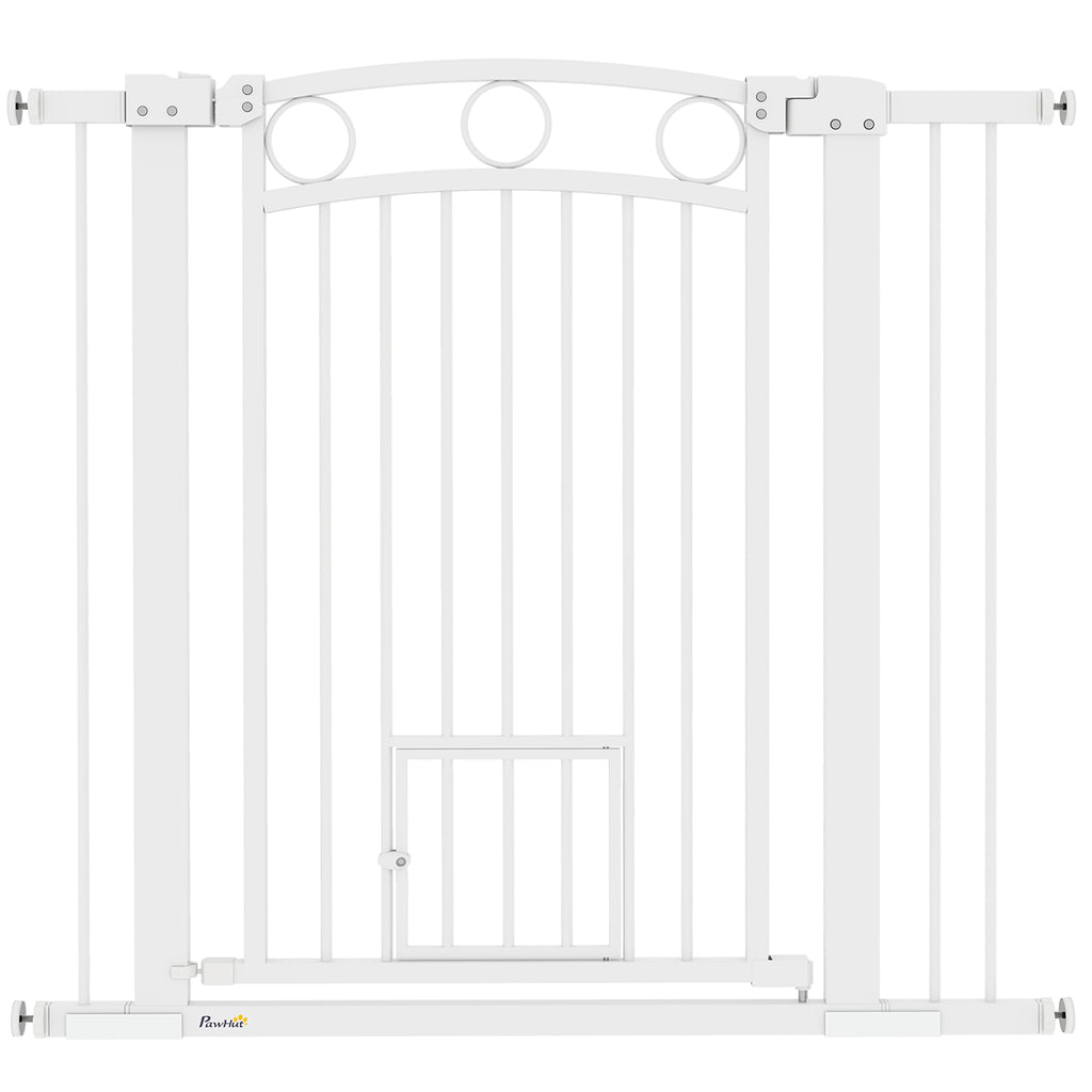 PawHut 96cm Tall Dog Gate with Cat Door, 7cm and 14cm Extensions, for Stairs, Doorways, 76-104cm Width