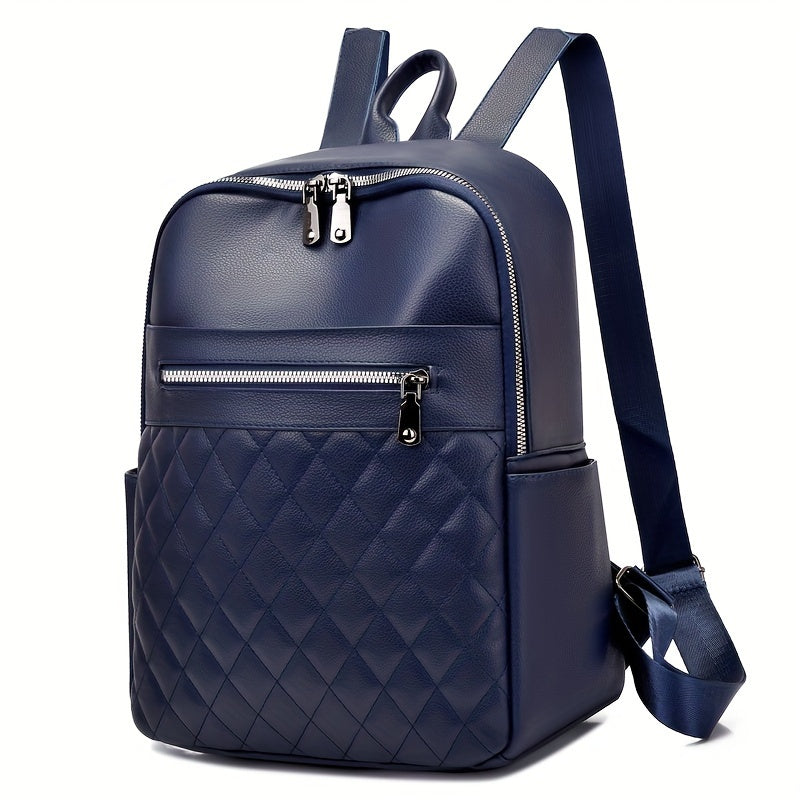 Fashion Argyle Quilted Backpack, Minimalist PU Leather Daypack, Casual Schoolbag For Travel Work