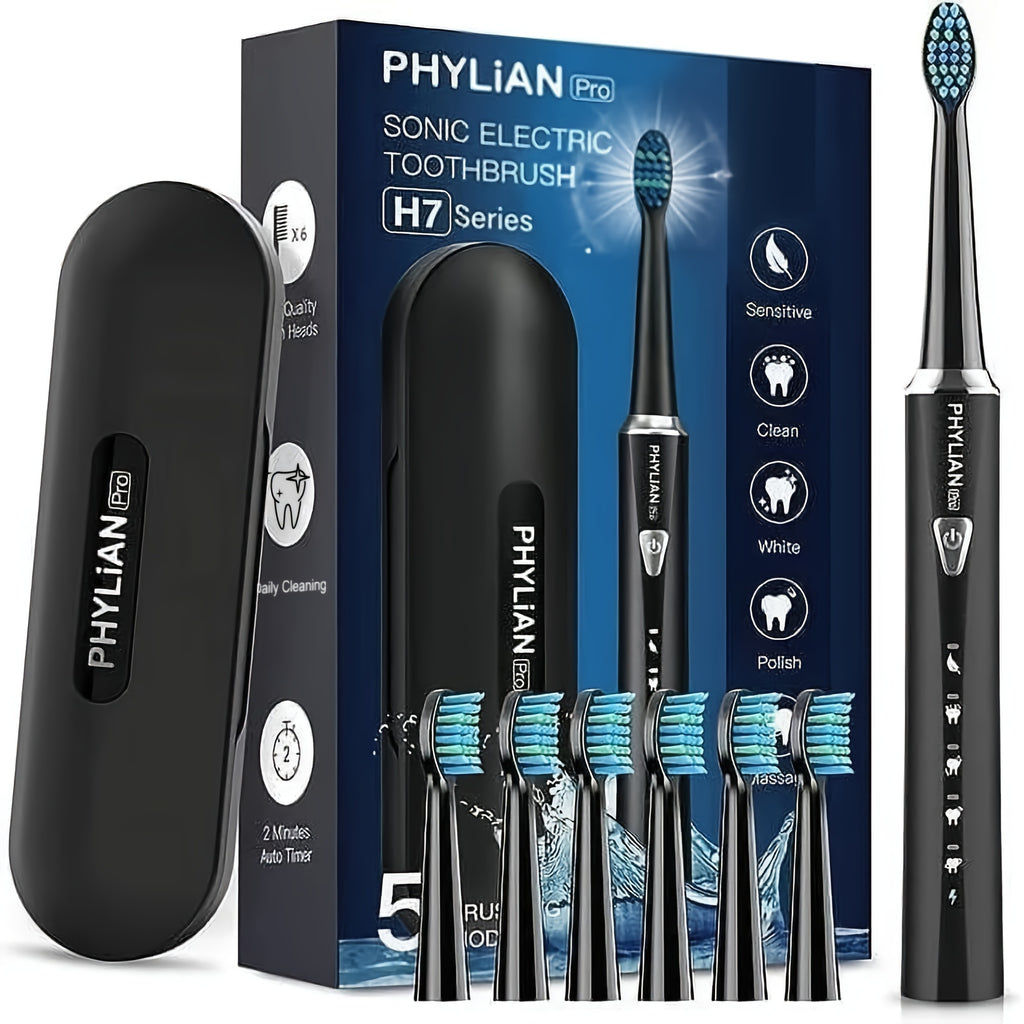 PHYLIAN PRO-Sonic-Electric-Toothbrush-for-Adults-Rechargeable-Toothbrushes-Power-Electronic Toothbrush with Tooth Brush Holder, 3 Hours Charge for 120 Days and Travel Case