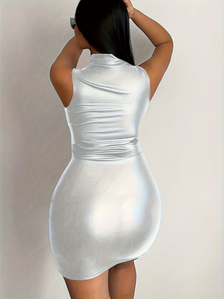 Faux Leather Bodycon Choker Neck Dress, Sexy Sleeveless Mini Dress For Club & Party, Women's Clothing