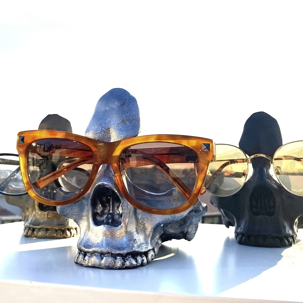 1pc Gothic Skull Glasses Holders, Skull Statues Eyewear Stand Crafts Tabletop Desktop Ornament, For Home Office Room Decor Birthday Halloween (4.8*5.6*5.6in), Day Of The Dead Decor