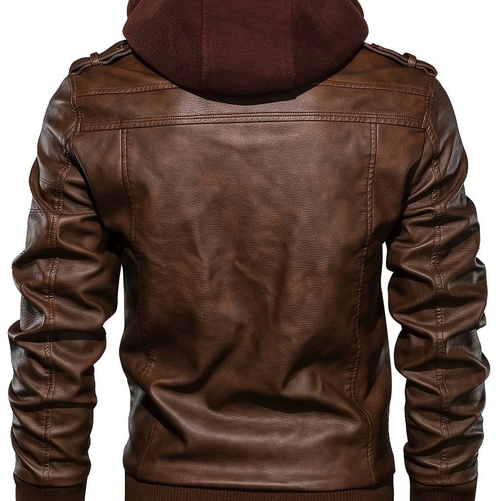 Men's Casual Hooded PU Leather Jacket, Chic Multi Pocket Biker Soft-shell Jacket