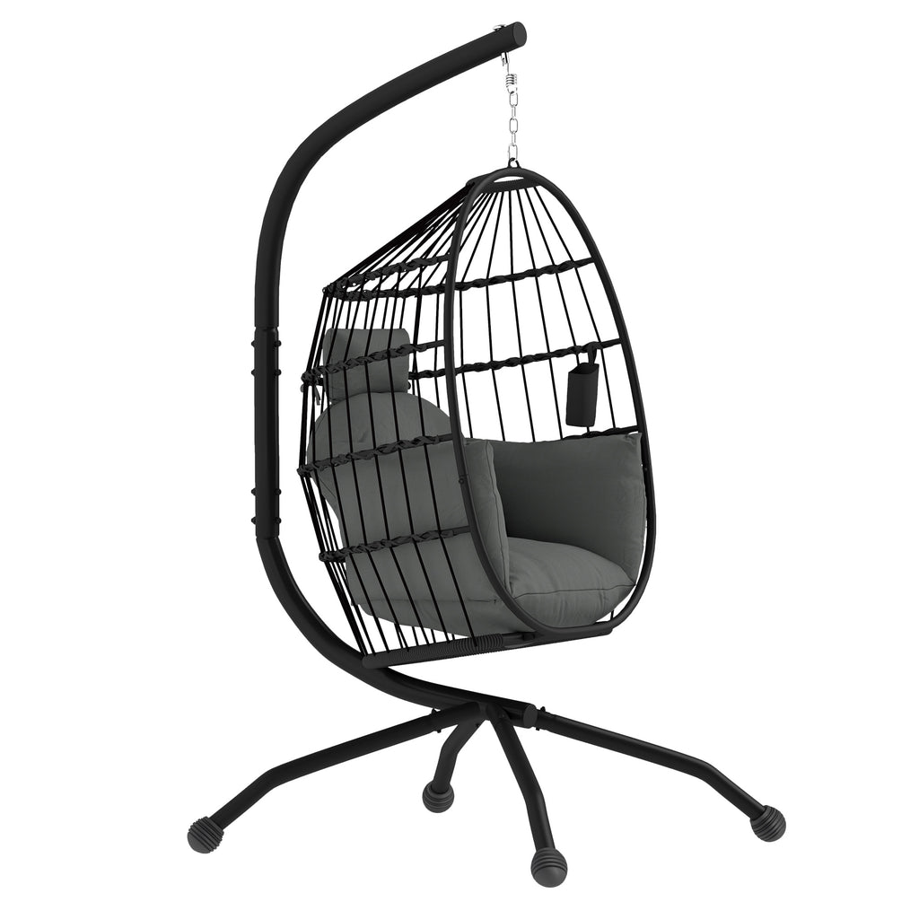 DodiOnline Hanging Egg Chair Outdoor Indoor Garden Swing Chair with Folding Basket and Thickened Cushion, Garden Hanging Chair with Stand, Headrest, Cup Holder for Patio, Balcony, Dark Grey