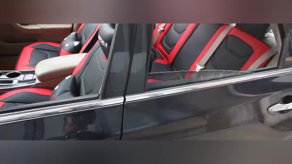 1pc Fit PU Leather Car Seat Cover, Breathable Front Seat Protector with Safety Cushion Compatibility, Sponge Filled, Non-Textile Weaving, Stylish Ergonomic Design with Red Accent Stitching, Available in Black/Brown/Beige/Blue