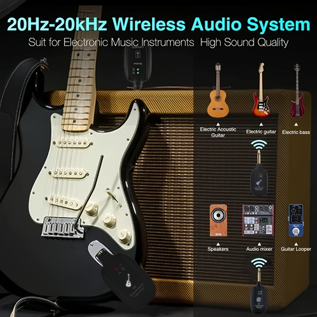 A8 Wireless Guitar System with Built-in Rechargeable Lithium Battery, USB-C Audio Wireless Transmitter Receiver for Acoustic Guitar, Bass, Violin, Keyboard, and Electronic Wind Tubes - Black