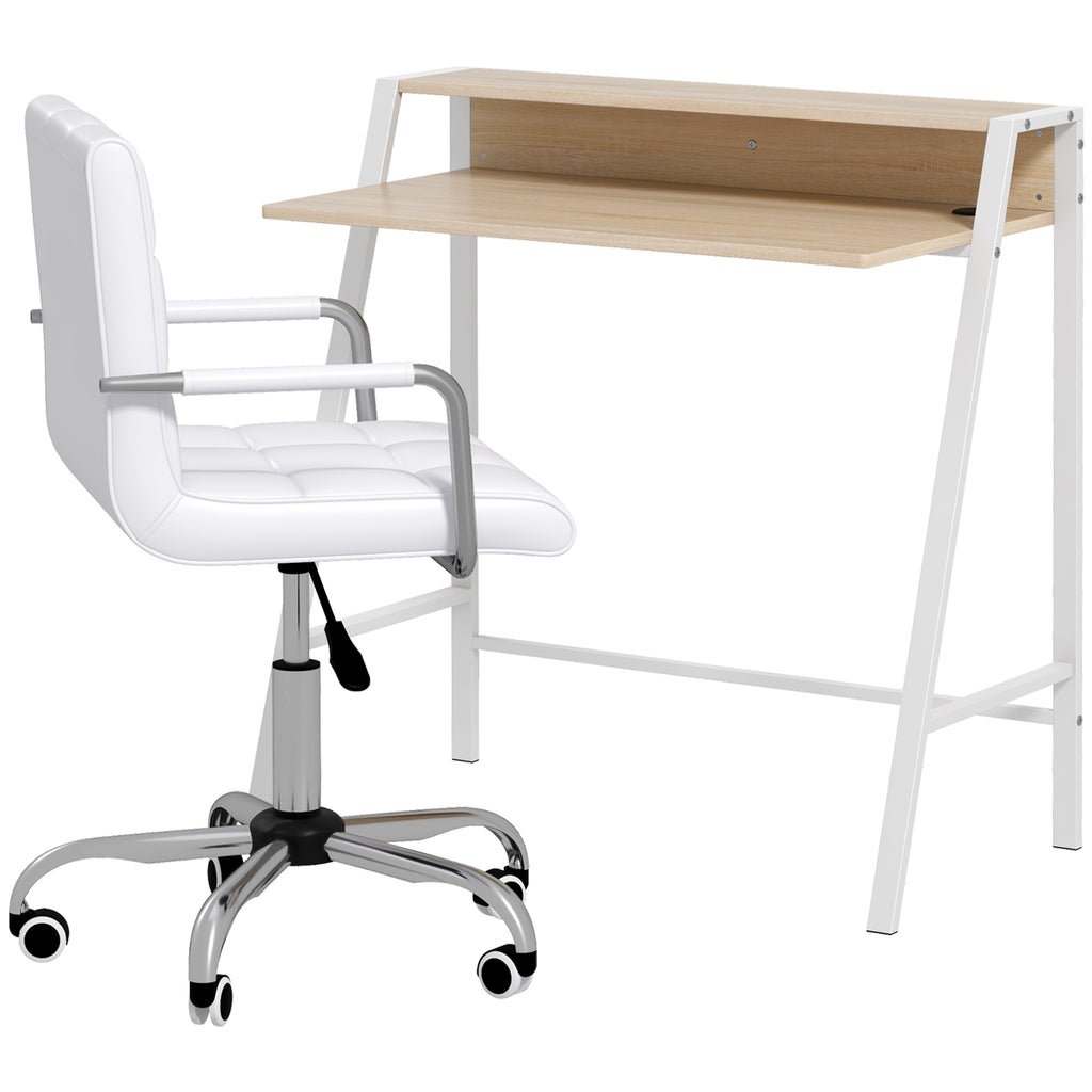 DodiOnline Home Office Chair and Computer Desk Set, Faux Leather Desk Chair with Swivel Wheels, Study Desk with Storage Shelf, White