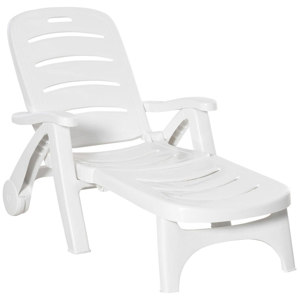 DodiOnline Outdoor Folding Sun Lounger Recliner on Wheels w/ 5-Position Backrest, White