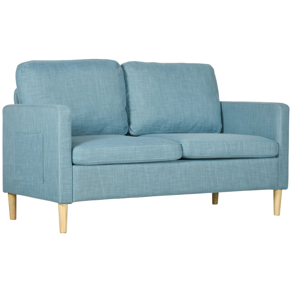 DodiOnline Two Seater Sofa for Living Room, Modern Fabric Couch with Wood Legs and 2 Pockets for Bedroom and Home Office, Blue