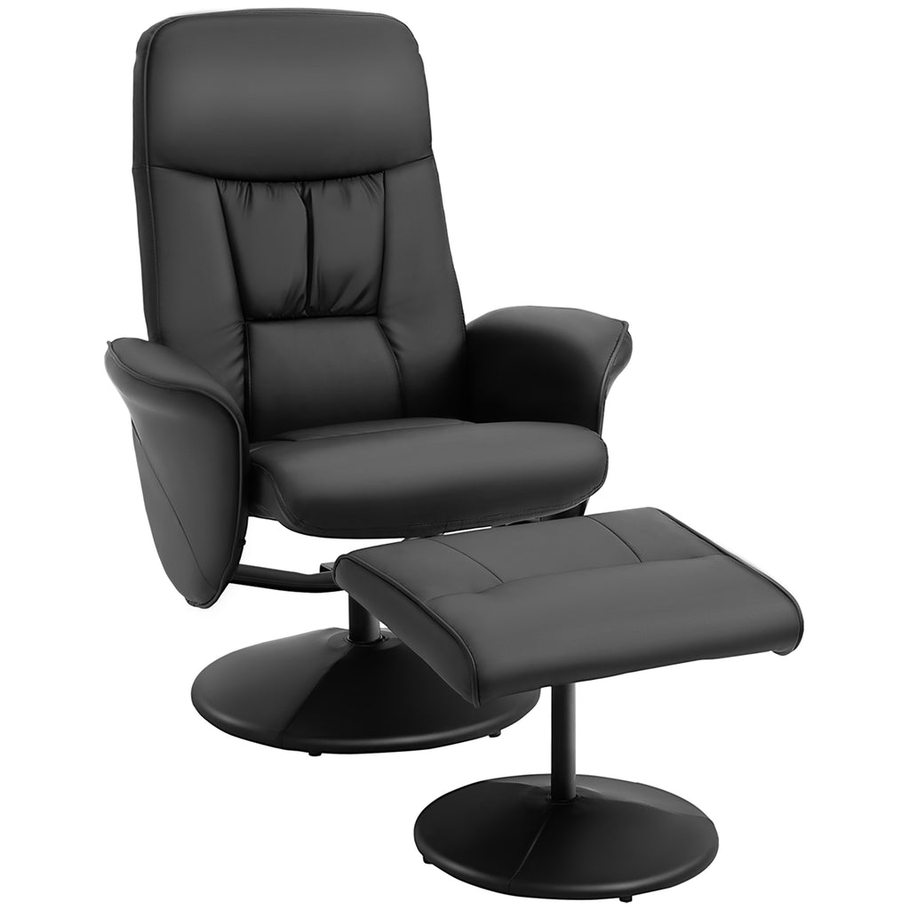 DodiOnline Swivel Recliner Chair with Footstool, PU Leather Armchair and Ottoman with High Back and Round Base for Living Room, Black