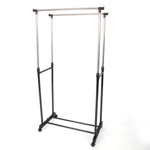 Dual-bar Vertical & Horizontal Stretching Stand Clothes Rack with Shoe Shelf YJ-03 Black & Silver