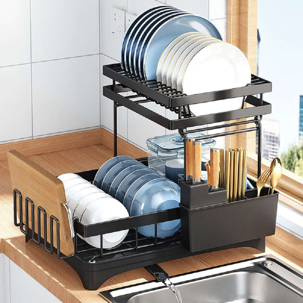 Dish Drying Rack Large, 2 Tier Kitchen Dish Drainer Rack Space-Saving, 360 Flexible Draining Board Rack for Kitchen Counter