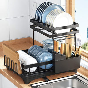 Dish Drying Rack Large, 2 Tier Kitchen Dish Drainer Rack Space-Saving, 360 Flexible Draining Board Rack for Kitchen Counter