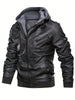 Men's Casual Hooded PU Leather Jacket, Chic Multi Pocket Biker Soft-shell Jacket