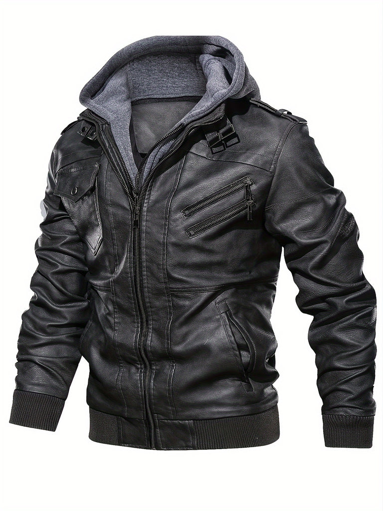 Men's Casual Hooded PU Leather Jacket, Chic Multi Pocket Biker Soft-shell Jacket