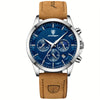 Men's Stylish Rose Golden Quartz Watch with Blue Dial, Waterproof, Genuine Leather Strap & Stainless Steel Case - Multifunctional Chronograph with Calendar Feature, Perfect for Casual Wear, Everyday Timepiece | Stylish Leathe