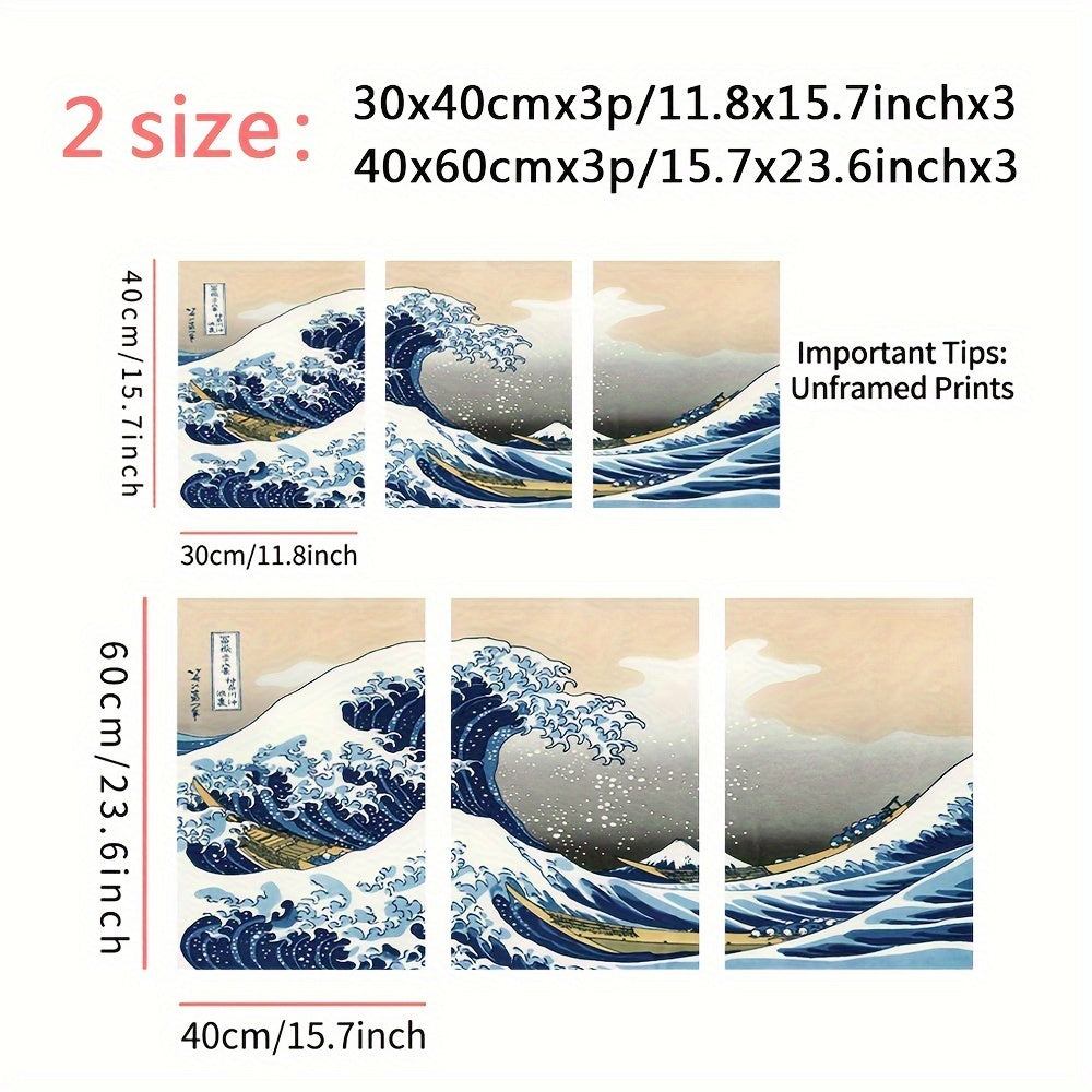 3pcs The Wave of Kanagawa - Famous Painting Print for Living Room and Office Decoration