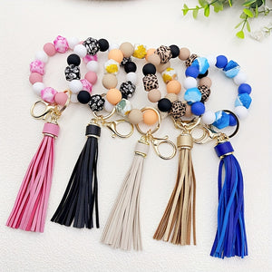 Silicone Beaded Wristlet Keychain With PU Leather Tassel Skull Flower Leopard Fashion Bag Charm Phone Lanyard Women daily use Gift