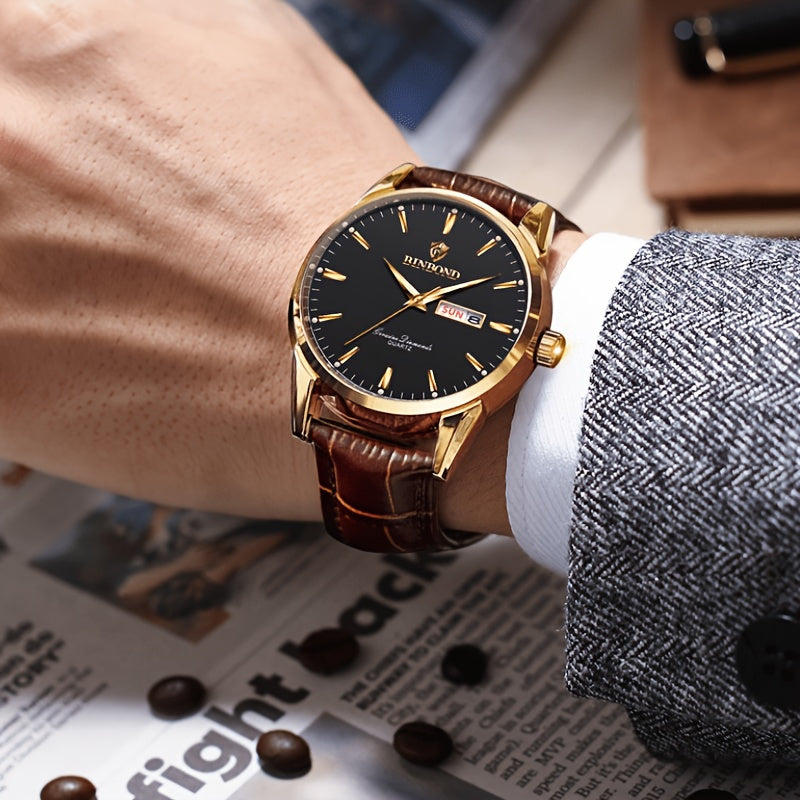 BINBOND Men's Fashion Quartz Watch, Casual Style, Round Alloy Case, Non-Waterproof, with Genuine Leather Strap, Date/Calendar Feature, Electronic Drive, Double Calendar, Waterproof, BINBOND