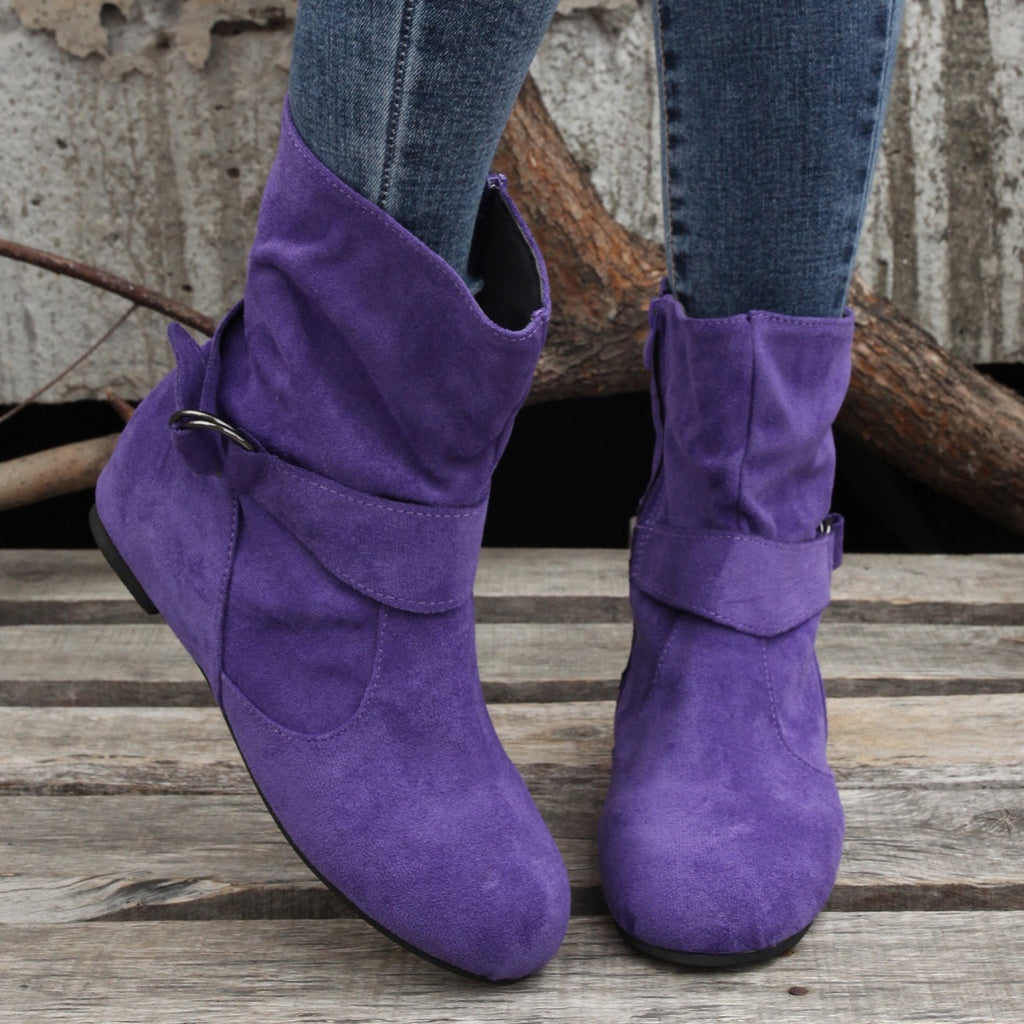 Womens Classic Solid Color Ankle Boots with Round-Toe Design - Fashion Buckle Belt & Side Zipper Closure - Ultra-Comfortable Outdoor Shoes for Stylish Adventures