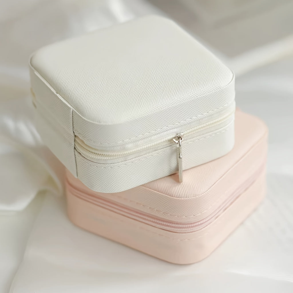 ZFOCEAN Portable Jewelry Organizer Box with Zipper Closure - Compact Travel Case, Soft Interior Lining, Elegant Beige/White/Black - for Rings, Earrings, Necklaces, Bracelets - Perfect Gift for Women, Birthday, Christmas, Vale