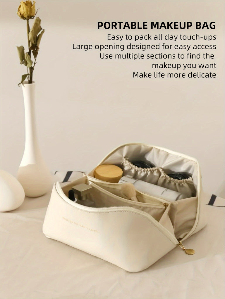 Large Capacity Makeup Bag, Multi-Layered With Dividers, Portable Zippered Pouch, PU Leather, Waterproof, Multifunctional Travel Organizer