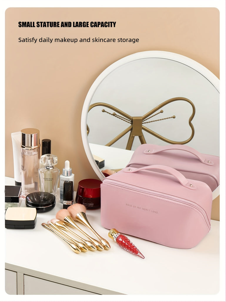 Large Capacity Makeup Bag, Multi-Layered With Dividers, Portable Zippered Pouch, PU Leather, Waterproof, Multifunctional Travel Organizer