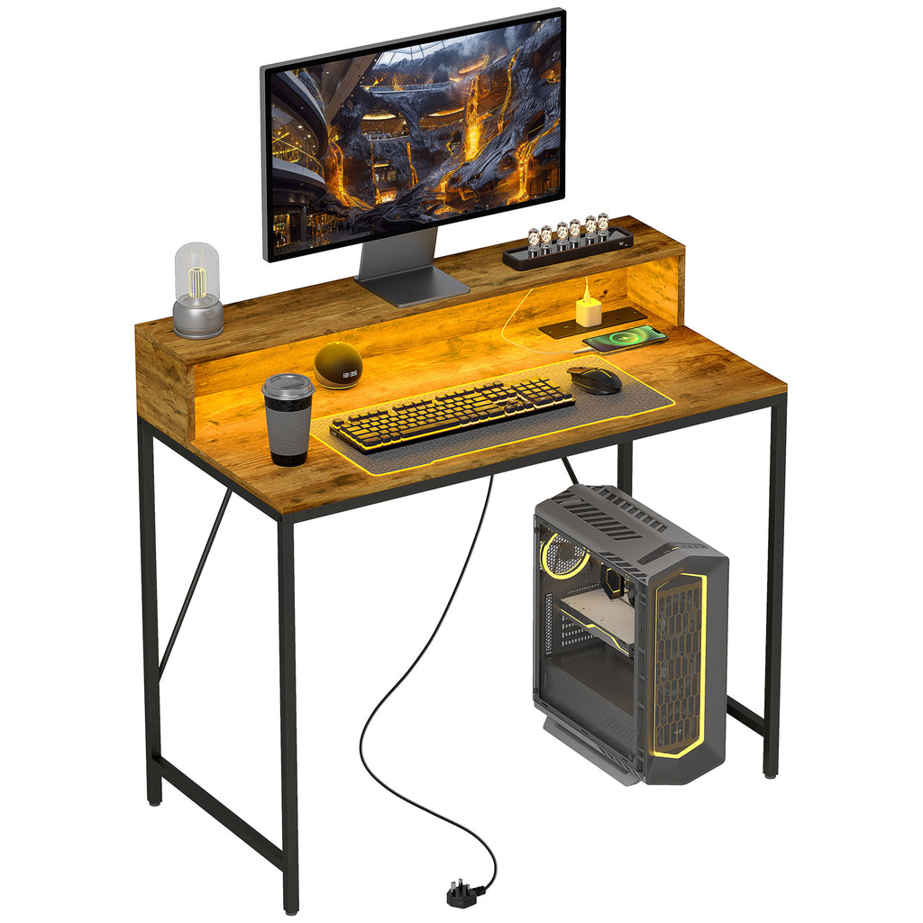 DodiOnline 100cm Computer Desk with LED Lights and Power Outlets, Gaming Desk with Monitor Stand, Computer Table with Remote for Home Office Study, Rustic Brown