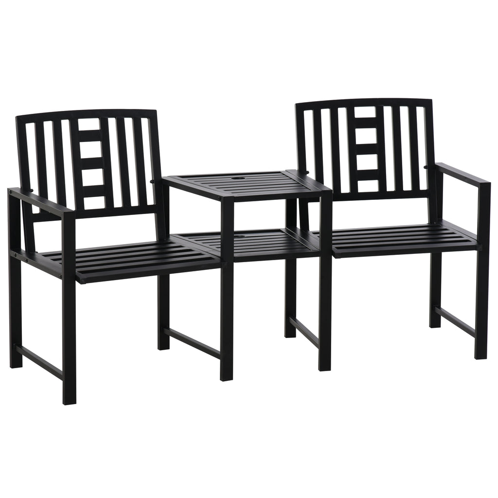 DodiOnline 2 Seat Garden Chair Bench Loveseats Jack and Jill Seat w/Coffee Table Slatted Design Patio Yard