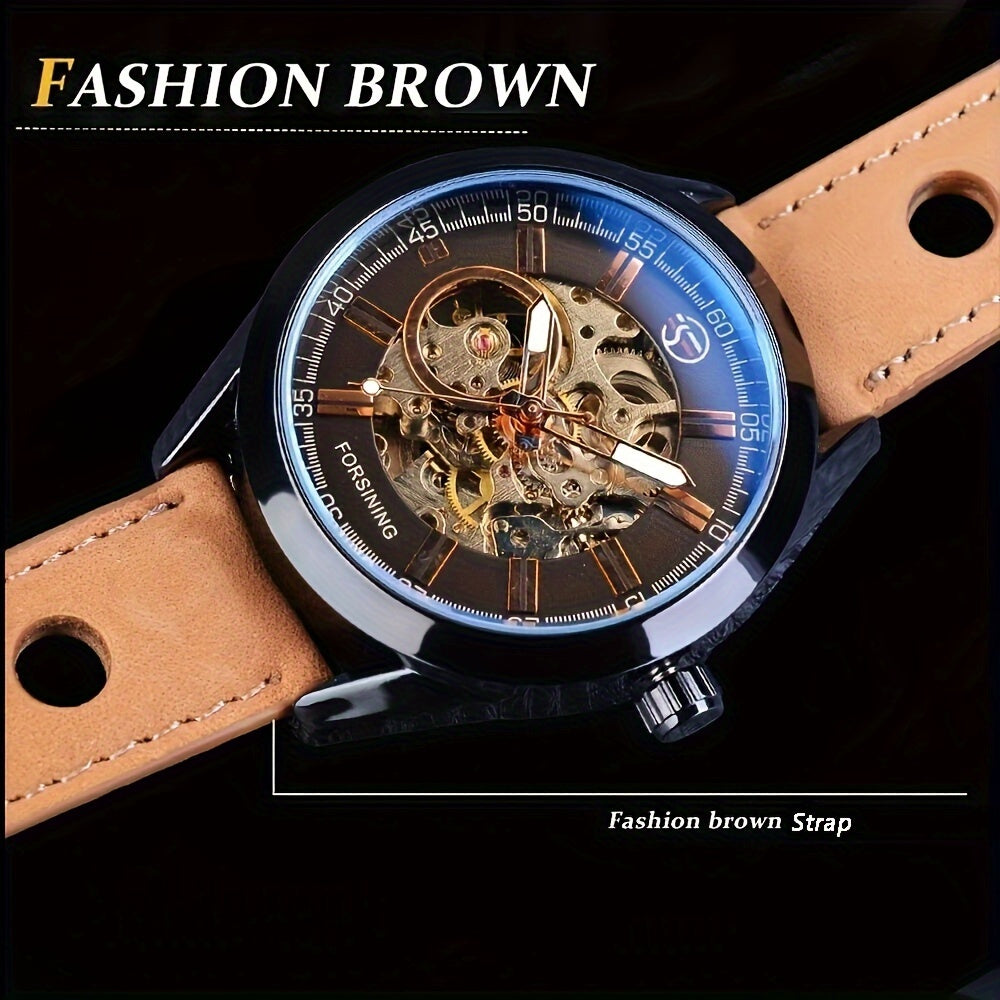 Forsining Men's Skeleton Mechanical Watch, Casual Sport Blue Light Glass, Non-Waterproof, Non-Automatic Winding, PU Leather Strap, Round Dial, Fashionable Men's Wristwatch, Gift for Men