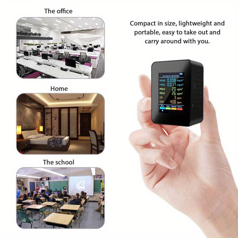 6-in-1 Multi-Function Air Quality Monitor - Detects CO2, PM2.5, PM10, TVOC & HCHO - Advanced Formaldehyde Sensor with Clear LCD Display - Ideal for Home & Office Air Health Monitoring