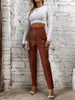 Elegant Women's Faux Leather Pants - High Waist, Comfort Stretch, Button Detail, Perfect for Fall/Winter