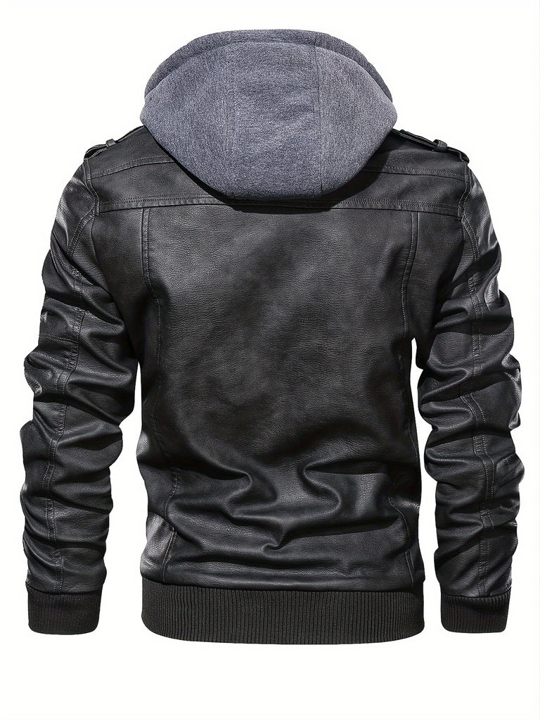 Men's Casual Hooded PU Leather Jacket, Chic Multi Pocket Biker Soft-shell Jacket