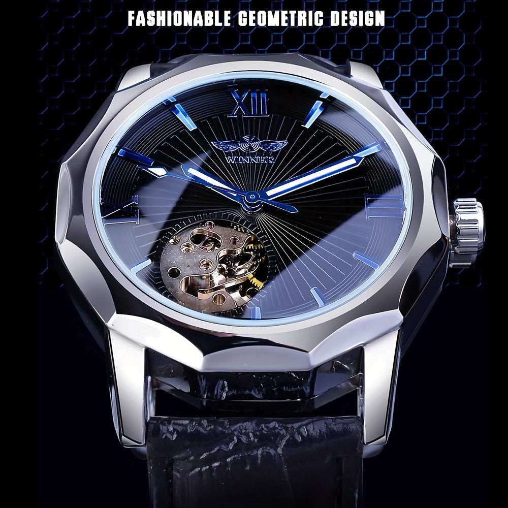 T-WINNER Men's Luxury Automatic Mechanical Watch - Blue Ocean Geometric Design, Transparent Skeleton Dial, Stainless Steel Case & Faux Leather Strap