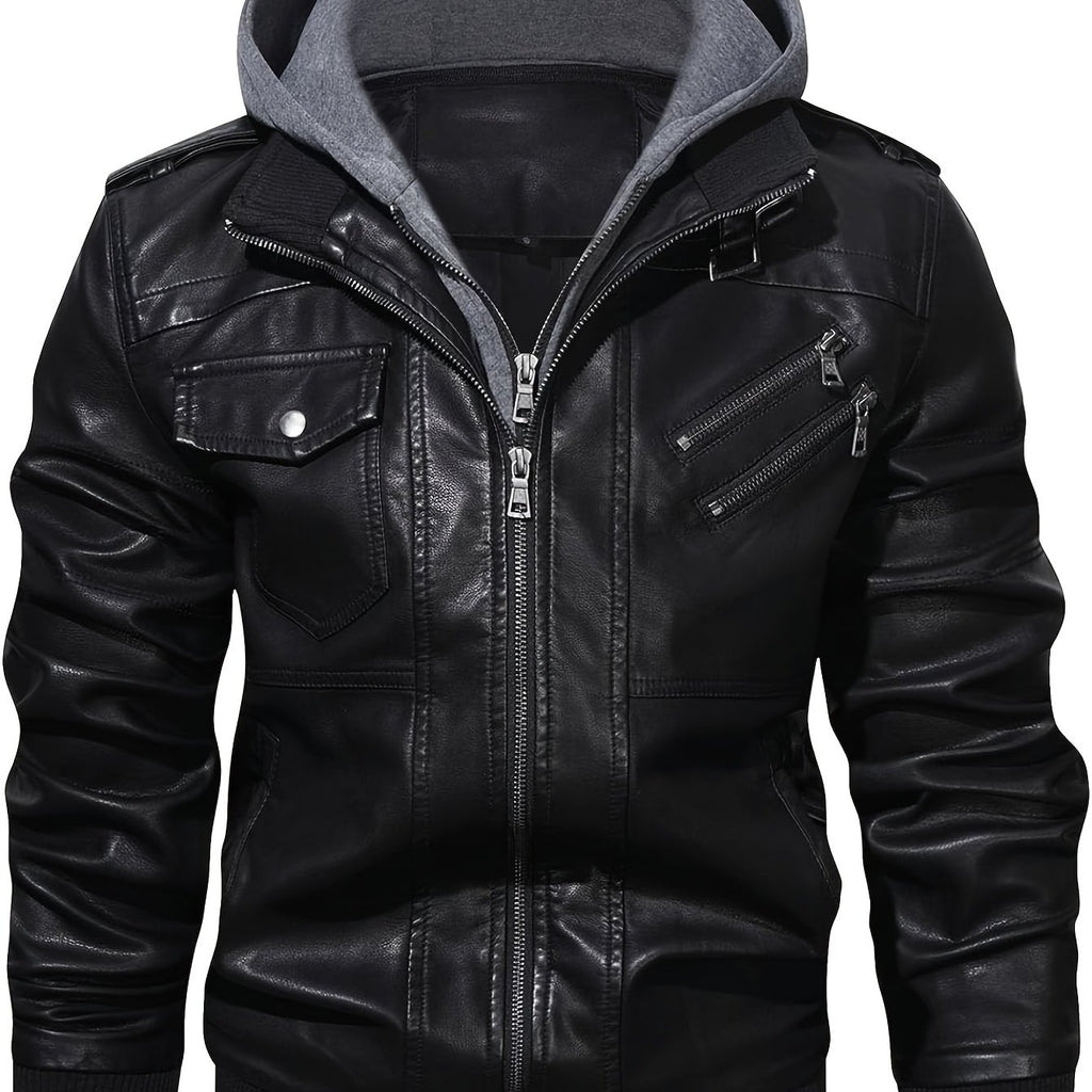 Men's Casual Hooded PU Leather Jacket, Chic Multi Pocket Biker Soft-shell Jacket
