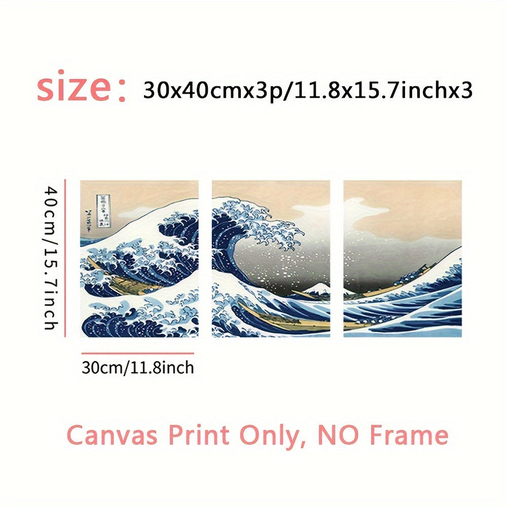 3pcs The Wave of Kanagawa - Famous Painting Print for Living Room and Office Decoration