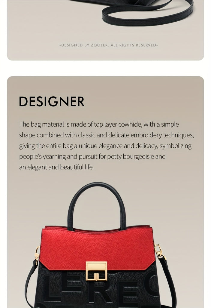 ZOOLER Genuine Leather Handbag, Women's Luxury Crossbody Bag, Letter Embossed Satchel Purse
