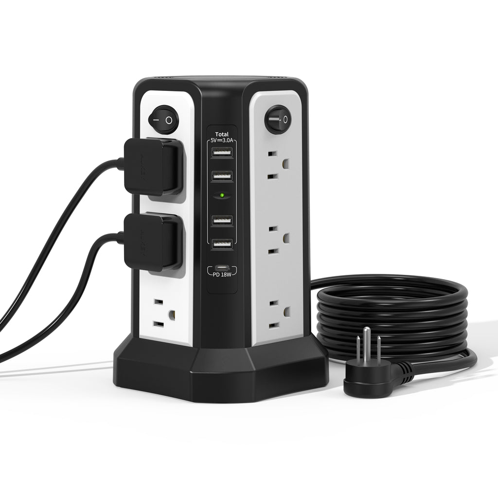 PASSUS 10ft Surge Protector Power Strip with USB C Ports - 12 AC Outlets, 5 USB Charging Ports, 18W PD Support, 125V US Plug, Compact Design for Home Office Dorm, Surge Protection, Rectangular Shape, Dorm Room Essentials, Mod