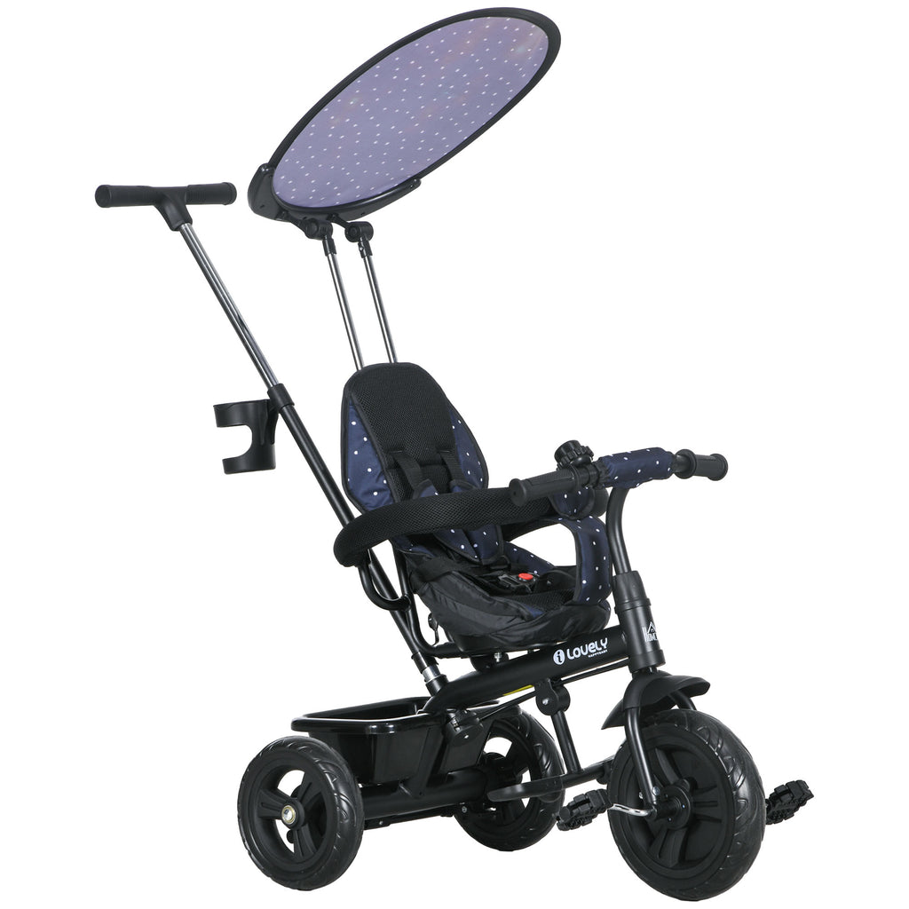 DodiOnline 6 in 1 Tricycle for Kids with 5-point harness straps, Removable Canopy, Dark Blue