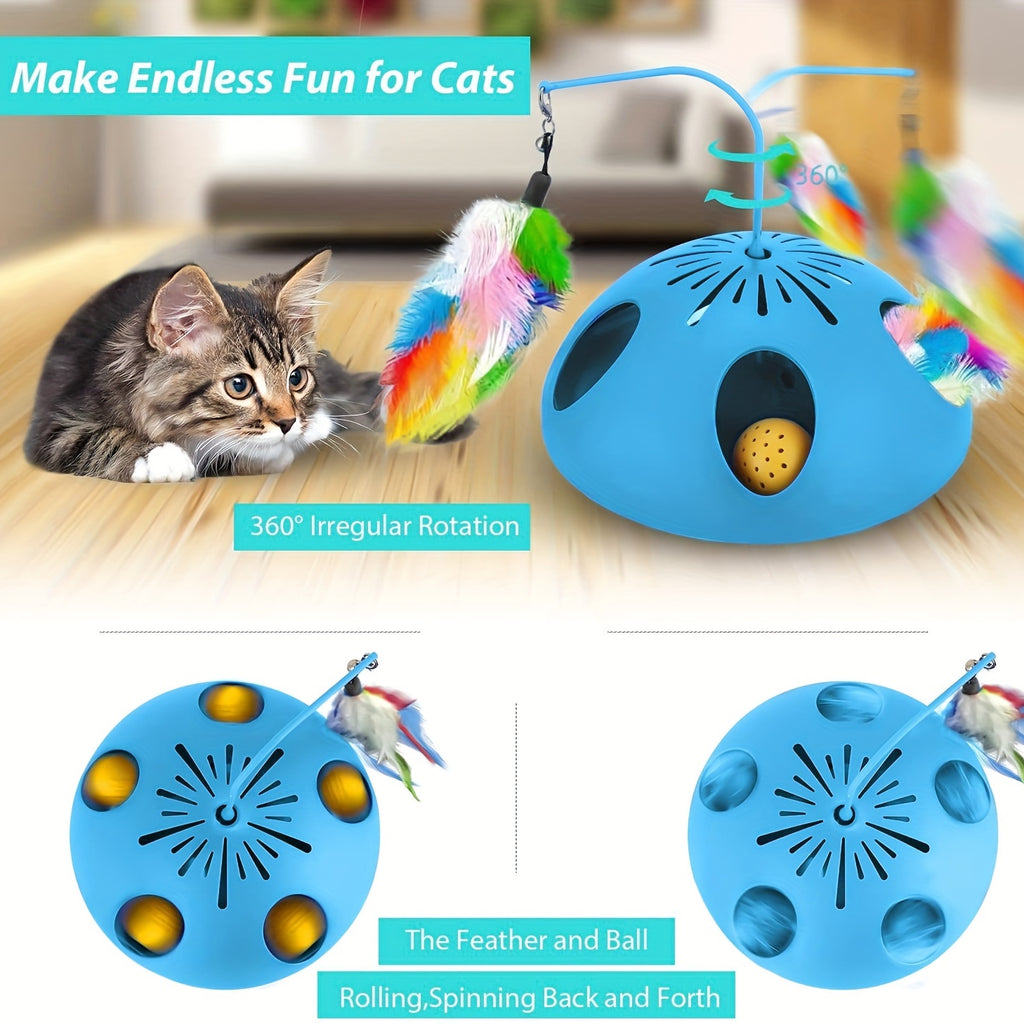 3-in-1 Interactive Cat Toy - Dual Speed Modes, Electronic Puzzle Game for Indoor Cats, Feathers & Bell Balls, Battery-Powered