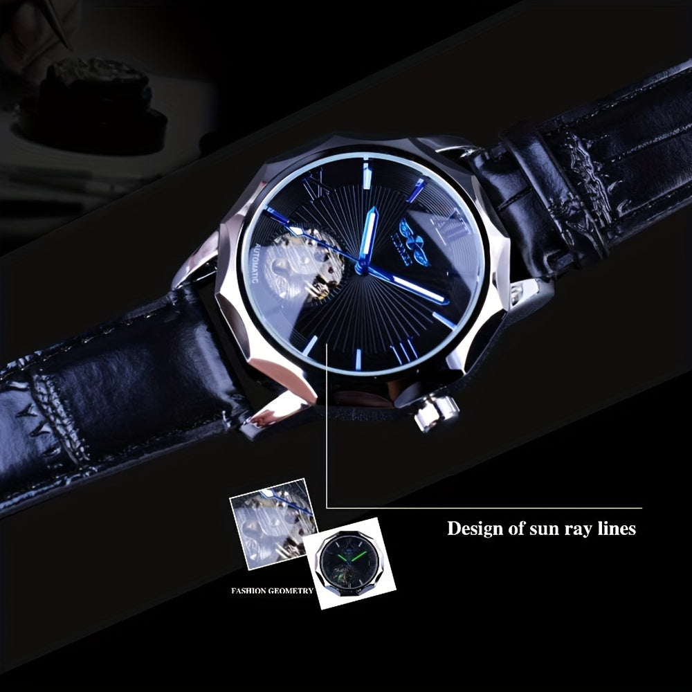 T-WINNER Men's Luxury Automatic Mechanical Watch - Blue Ocean Geometric Design, Transparent Skeleton Dial, Stainless Steel Case & Faux Leather Strap