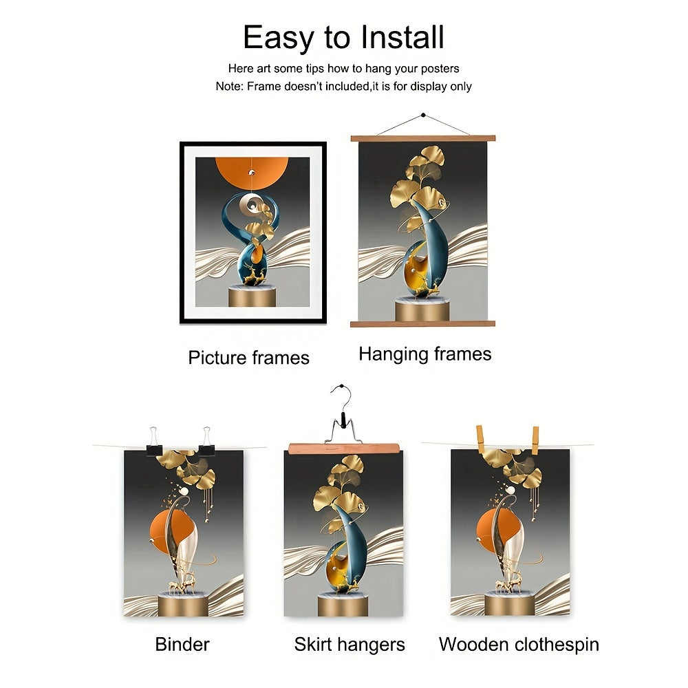 3pcs Geometry Art Canvas Print Posters, Golden Deer Ginkgo Leaf Canvas Wall Art Paintings, Artwork Wall Painting For Living Room Bedroom Bathroom Office Hallway Kitchen Wall Decors, No Frames