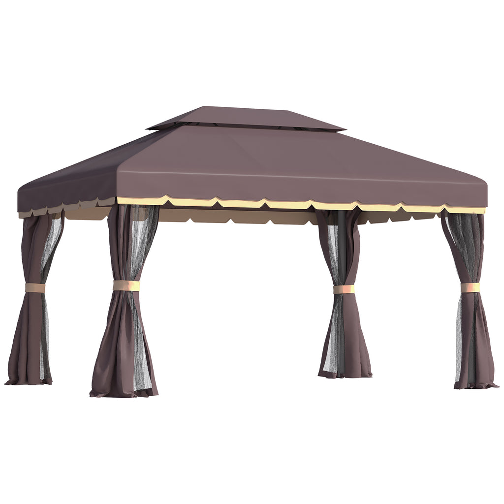 DodiOnline 3 x 4m Aluminium Garden Gazebo, Marquee Canopy Shelter Pavilion Party Tent with Nets and Curtains for Garden and Deck, Coffee